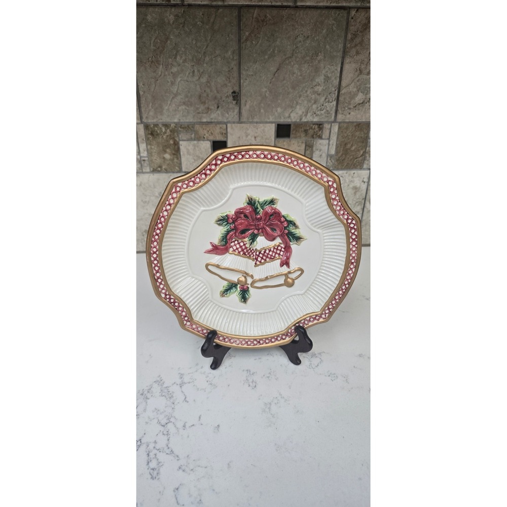 Fitz and Floyd Essentials Christmas Plate Holiday Bells Red Bow Gold Trim 8in